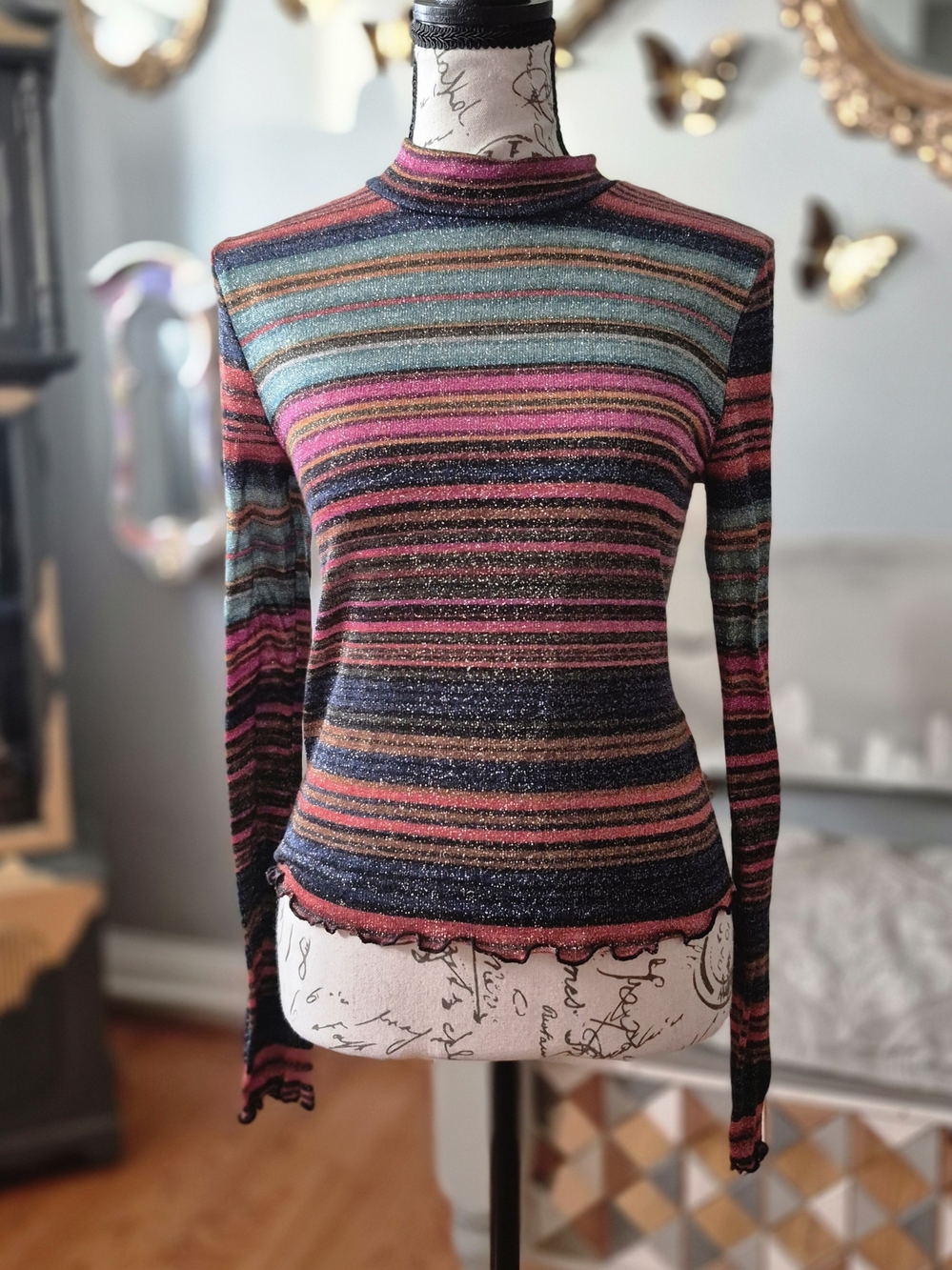 Candie's 70s Vibe Metallic Striped Mock Neck Sweater Medium